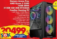 GAMERS ARENA PROC AMD RYZEN 5 5500 16GB DDR4 512GB SSD 8GB RTX3060 FREEDOS GAMİNG PC/OYUN BİLGİSAYARI